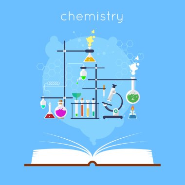 Open book with tools for chemistry clipart