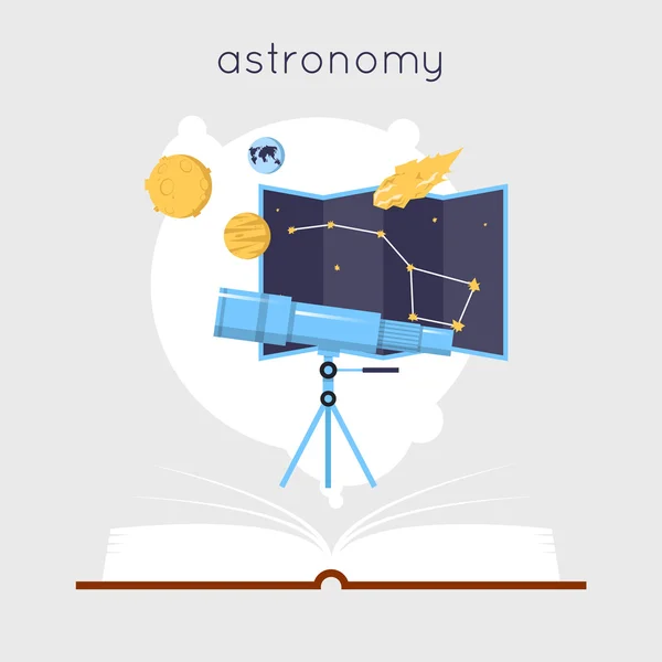 Öppen bok med verktyg för astronomi — Stock vektor