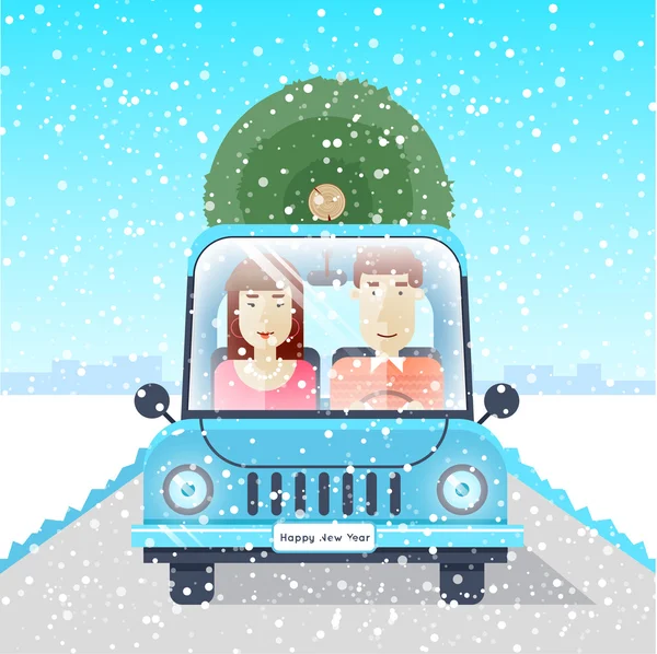 Homme et femme portent un sapin de Noël — Image vectorielle