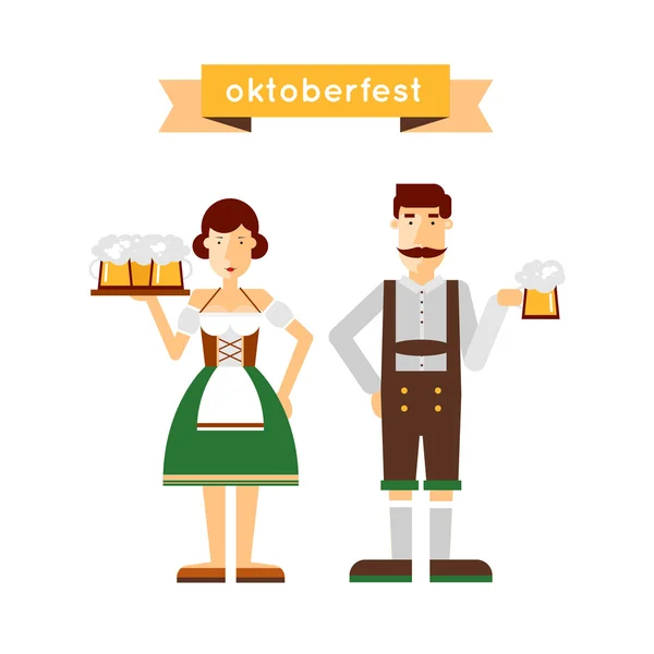 Oktoberfest hombre y mujer sosteniendo una cerveza — Vector de stock