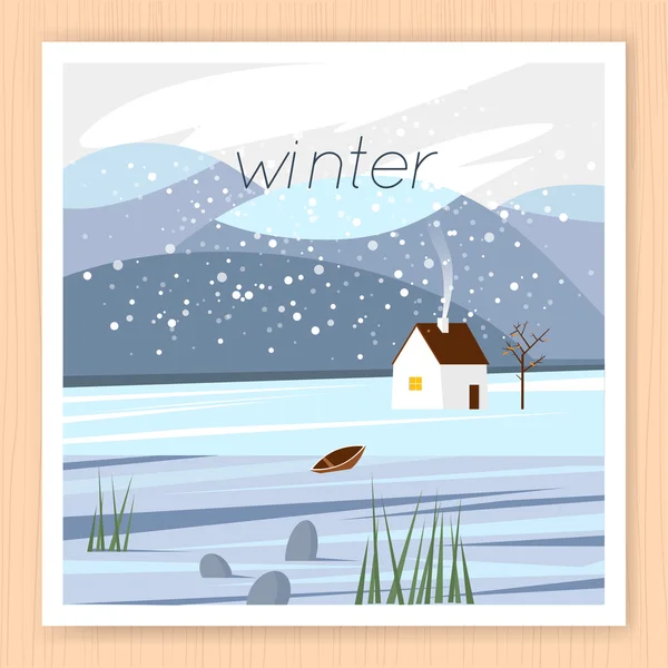 Paesaggio invernale con fiume e casa — Vettoriale Stock