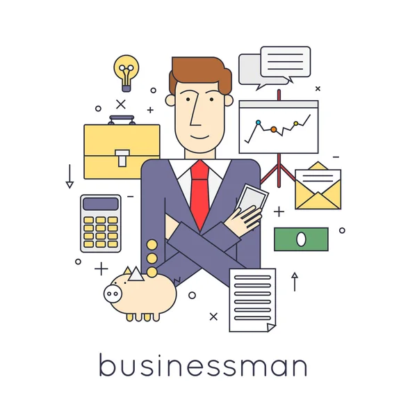 Empresario con iconos de negocios — Vector de stock