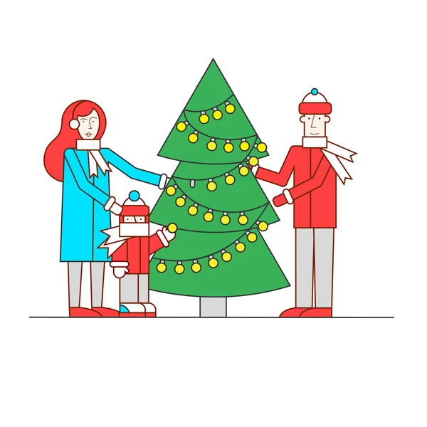 Familia decora árbol de Navidad — Vector de stock