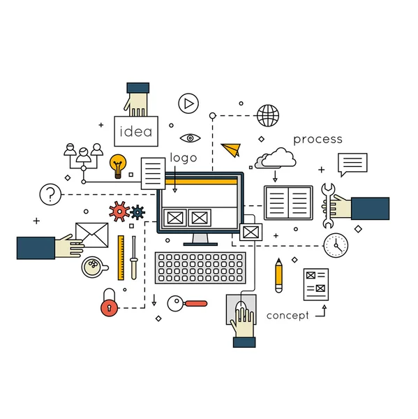 Diseño de espacio de trabajo de oficina con conceptos de herramientas — Vector de stock