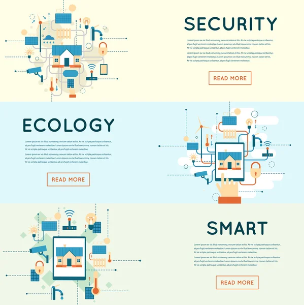 Banderas de seguridad, ecología y hogar inteligente — Vector de stock