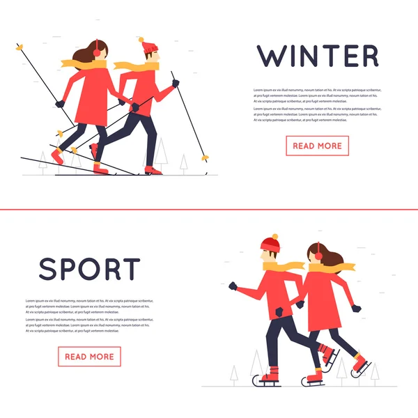 Hombre y mujer esquiando y patinando — Vector de stock