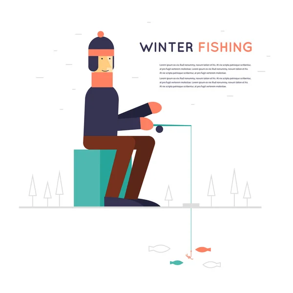 Man sitting and fishing on ice — Stock Vector