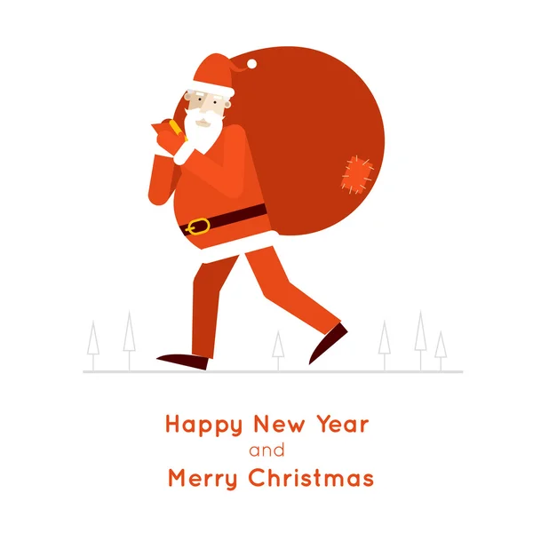 Santa Claus lleva bolsa con regalos — Vector de stock