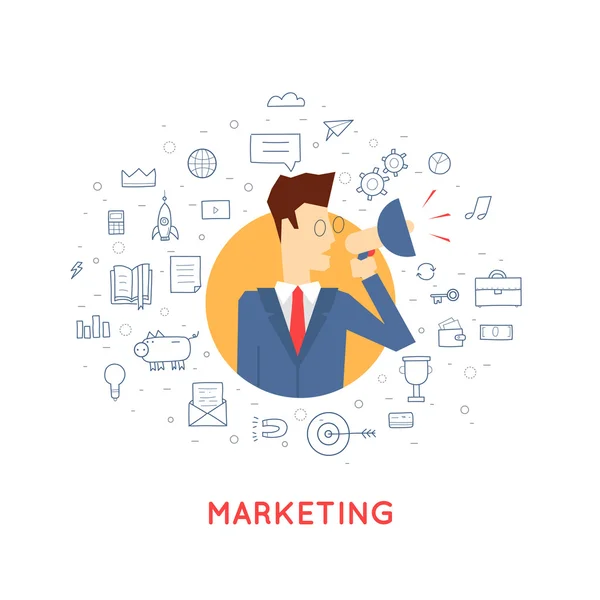 Marketing man yelling into a speaker. — Stock Vector