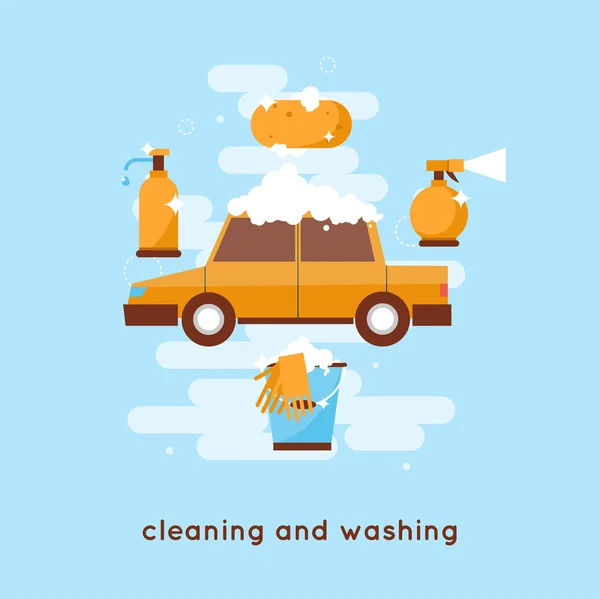Limpeza e lavagem de carro — Vetor de Stock