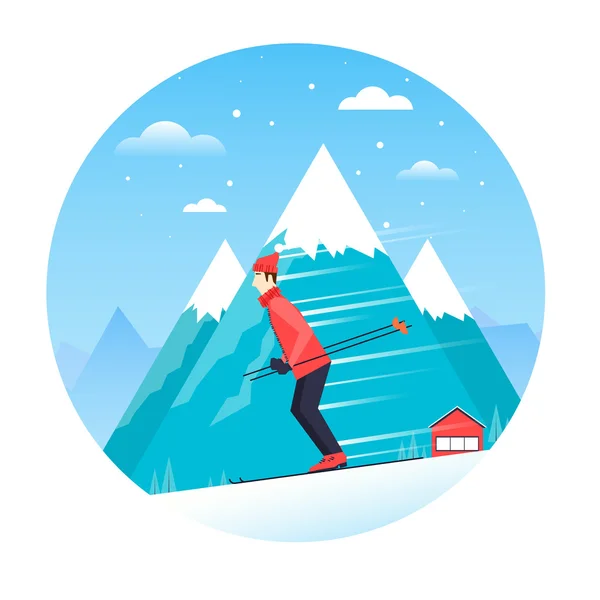 Man rides on the ski in the mountains — Stockvector