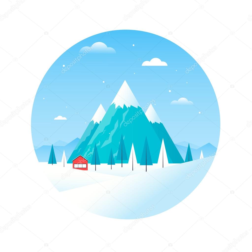 Winter landscape with mountains and a house