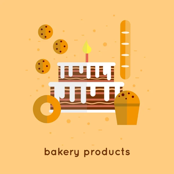 Bolo de aniversário e outros produtos de padaria — Vetor de Stock