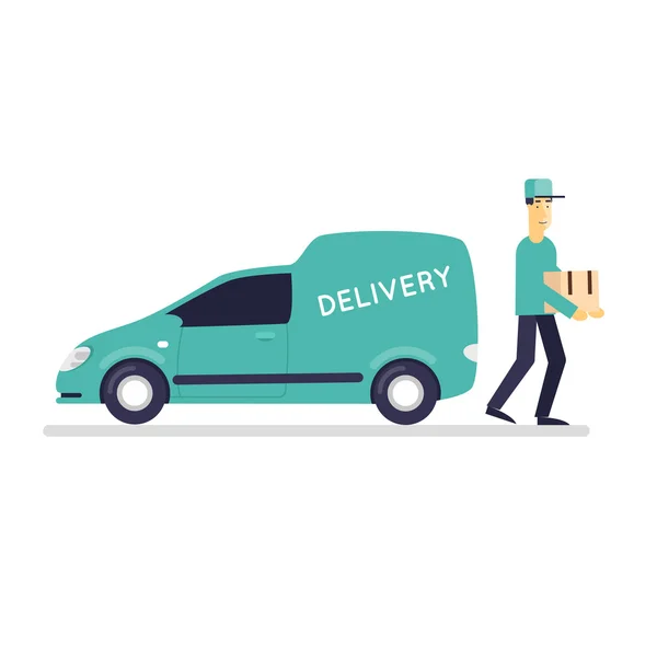 Man with a parcel near the vehicle — Stock Vector