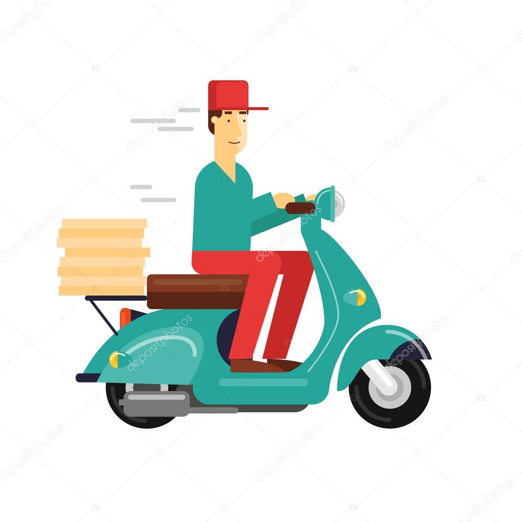 Pizza delivery boy riding motorbike
