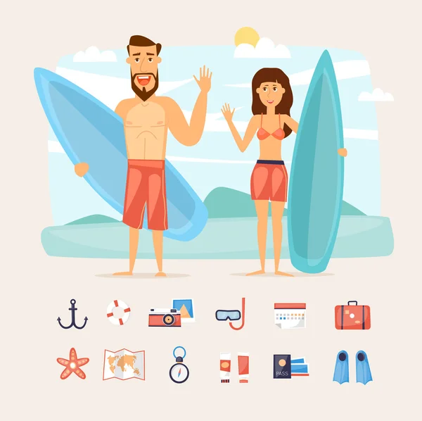 Pareja sosteniendo tablas de surf — Vector de stock