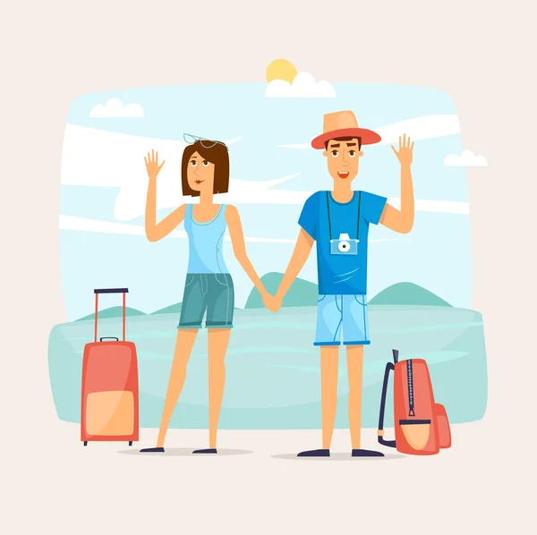 Pareja de turistas juntos en viaje — Archivo Imágenes Vectoriales