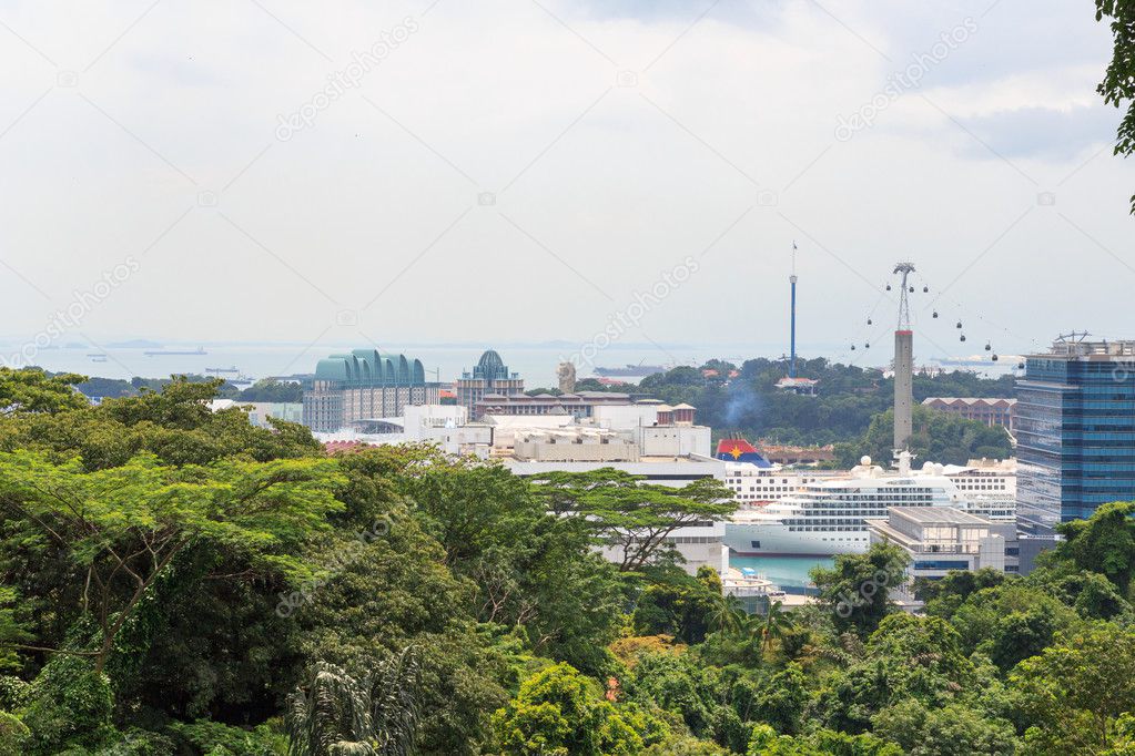Panorama with Sentosa Island and Cable Car seen from Mount Faber rainforest, Singapore