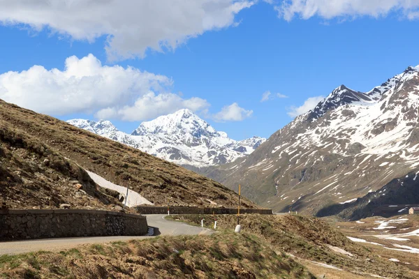 Gavia melewati jalan dengan pemandangan panorama dan pegunungan alpen Gran Zebru, Italia — Stok Foto