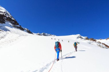 İp ekibi, buzul üzerinde kramponlarla Sexegertenferner 'a doğru Sexegertenspitze ve Avusturya' nın Tyrol Alps şehrinde mavi gökyüzü ile dağ kar panoramasına tırmanıyor.