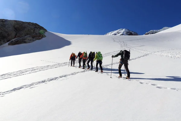 Equipo Cuerda Montañismo Con Crampones Glaciar Sexegertenferner Hacia Sexegertenspitze Panorama Imagen De Stock