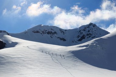Halat ekibi buzul Taschachferner üzerindeki kramponlarla dağcılık yapıyor Wildspitze 'ye doğru ve Avusturya' nın Tyrol Alps şehrinde mavi gökyüzü olan dağ kar panoramasına doğru.