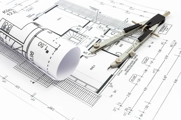 Architectural drawings of a house with compass — Stock Photo, Image