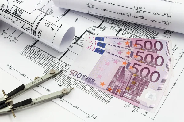 Architectural drawings of a house with euro banknotes and compass — Stock Photo, Image