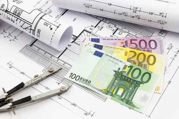 Architectural drawings of a house with euro banknotes and compass — Stock Photo, Image