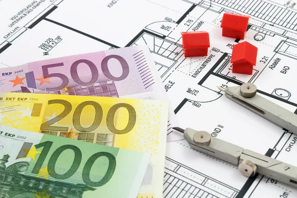 Architectural drawings of a house with euro banknotes and compass — Stock Photo, Image