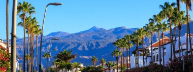 Kanarya Adası Tenerife, İspanya 'daki Playa de las Americas tatil beldesinde görülen dağları, volkan teidini, otelleri ve palmiyeleri olan bir panorama.