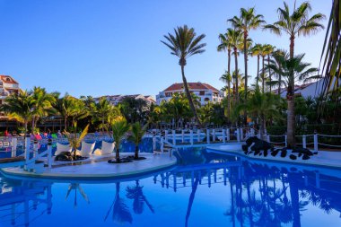 Playa de las Americas, Tenerife 'de yüzme havuzu, köprü ve palmiye ağaçları olan otel panoraması