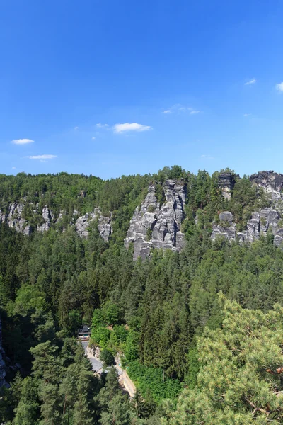Panorama with typical rock formations at Bastei and Rathen Open Air Stage, Saxon Switzerland — Stock Photo, Image