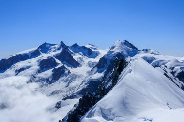 İsviçre 'nin Valais Kantonu İsviçre' de yaz aylarında Dufourspitze Zirvesi (solda) ve Lyskamm Dağı (sağda) ile birlikte dağ kitlesi Monte Rosa ile buzul manzarası