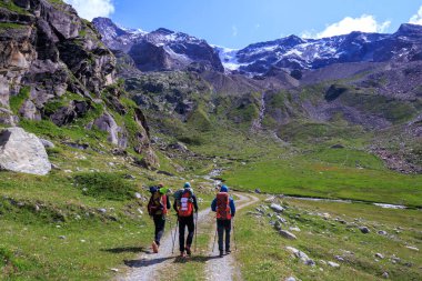 İtalya 'nın Pennine Alplerinde yaz mevsiminde üç erkek dağcı ve dağ buzulu manzarası