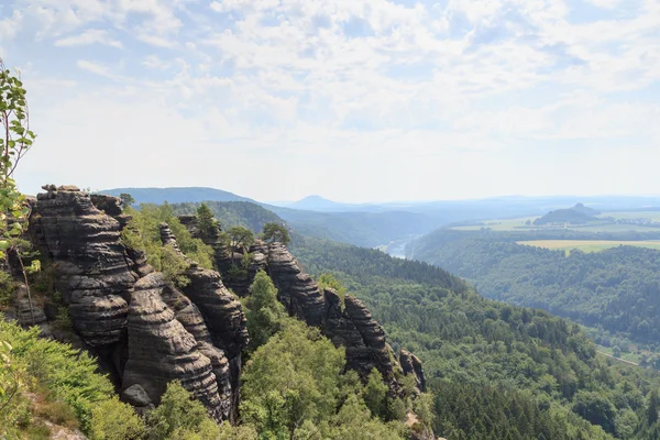 Panorama con il fiume Elba visto dal punto di vista di Schrammstein nella Svizzera sassone — Foto Stock