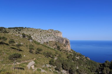 Mayorka Tramuntana Akdeniz ile yolda arka planda hiking