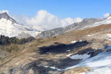 Alpine hut Defreggerhaus Grossvenediger buzul ve dağ panorama Hohe Tauern Alps, Avusturya için