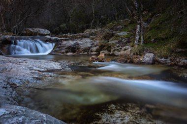 Nehir taşların arasından akar ve küçük şelaleler oluşturur, Rascafria, Madrid, İspanya