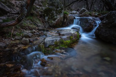 Nehir taşların arasından akar ve küçük şelaleler oluşturur, Rascafria, Madrid, İspanya
