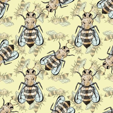 Arıların soluk sarı arka planda kusursuz desenleri var. Bal paleti. Moda tasarımı için Vektör İllüstrasyonu, kumaşlar, kağıt, baskılar...