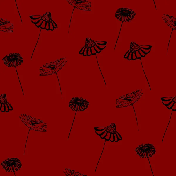 Бесшовный Рисунок Садовыми Цветами Силуэты Красном Фоне Черно Красная Палитра — стоковый вектор