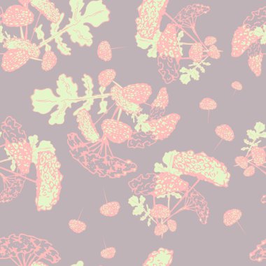 Gölgeli arka planda kır çiçekleriyle kusursuz desen. Pastel kahverengi, pembe ve sarı palet. Özel tasarım, moda ve baskılar için vektör illüstrasyonu...