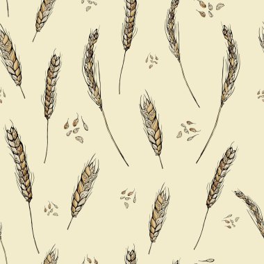 Bej arka planda altın buğdaylı kusursuz desen. Moda, özel tasarım, yeniden baskılar için vektör illüstrasyonu