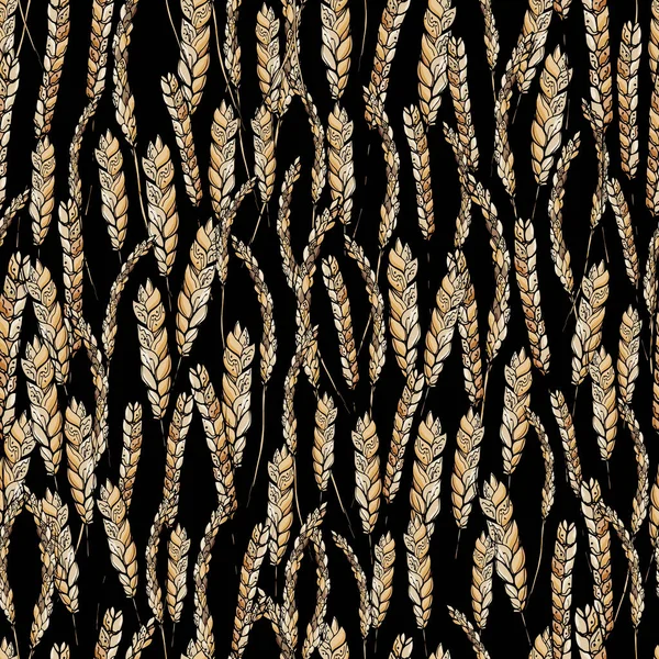 Seamless Pattern Golden Wheat Field Black Background Vector Illustration Fashion — Stock Vector
