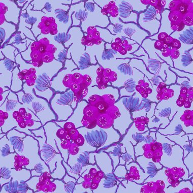 Eden berries floral pattern in lilac and blue. Illustration for fashion, custom design, reprints