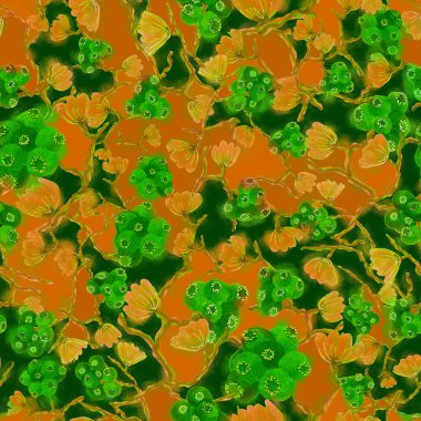 Eden berries floral pattern in orange and green shades with brushing effect. Illustration for fashion, custom design, reprints