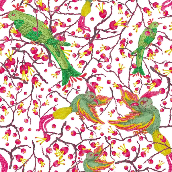 Nahtloses Muster Mit Grünen Eden Vögeln Und Fuchsia Beeren Auf — Stockfoto