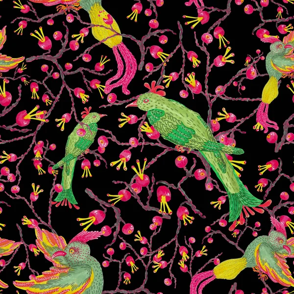 黒を背景に緑の鳥やフクシアの果実とシームレスなパターン ファッション カスタムデザイン 再印刷のためのイラスト — ストック写真