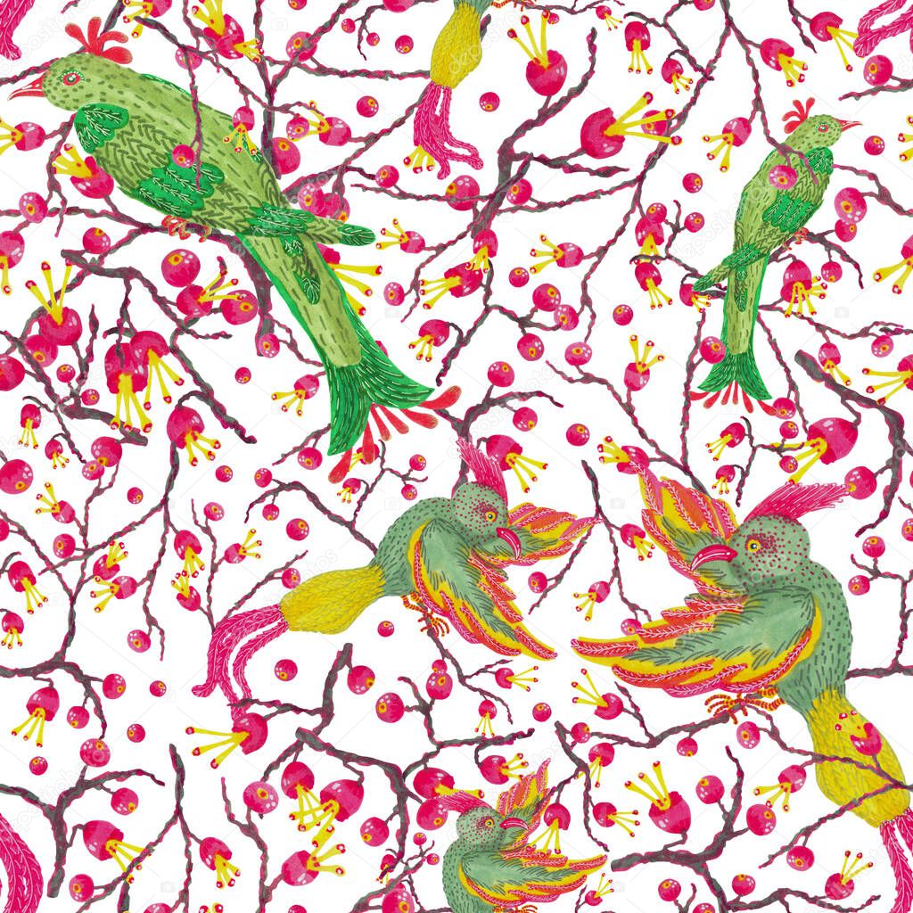 Seamless pattern with green eden birds and  fuchsia berries on white backdrop. Illustration for fashion, custom design, reprints...